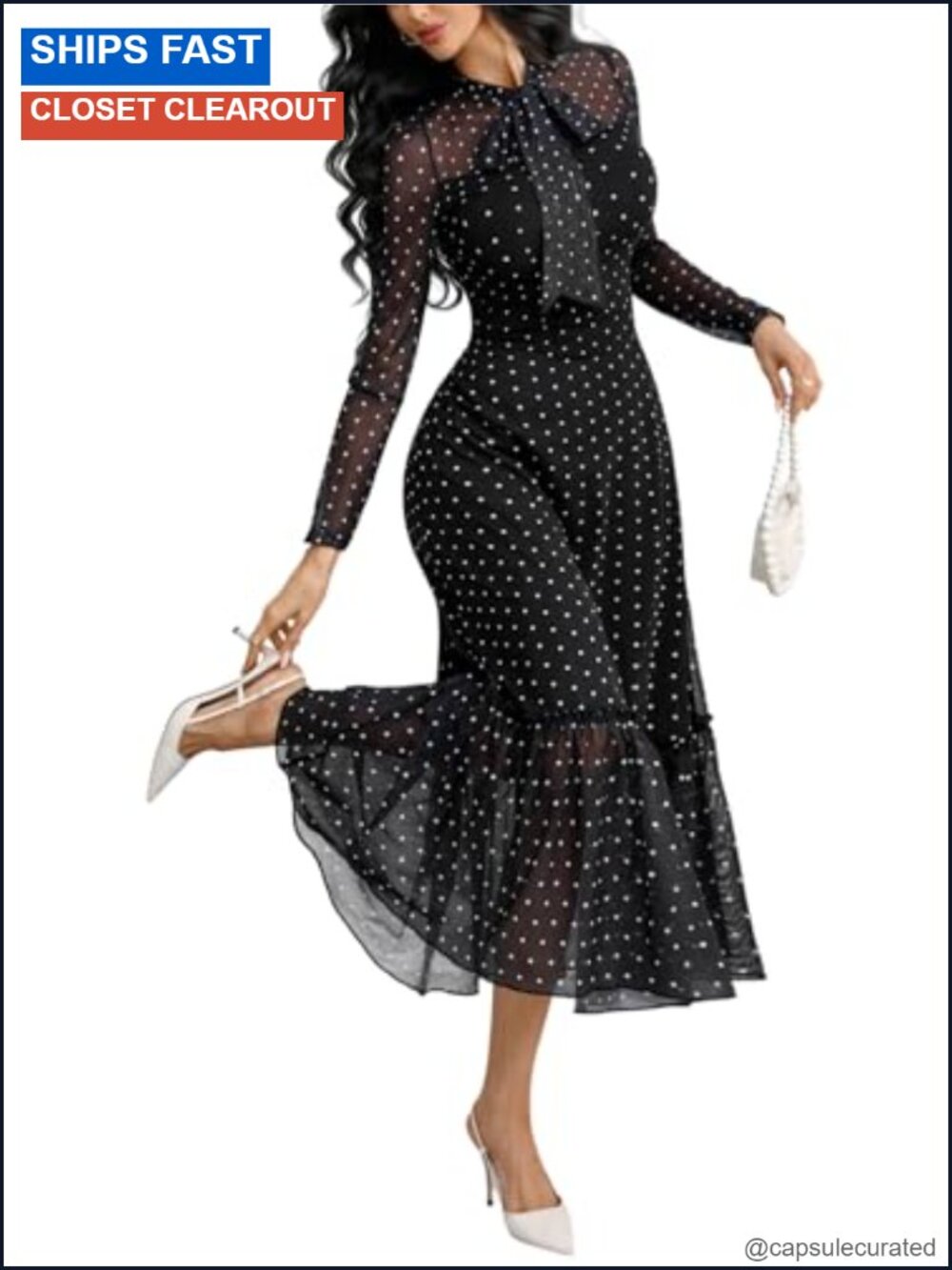 Long Sleeve Mock Neck Ruffle Tiered A-Line Polka Dot Dress